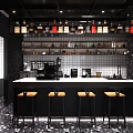Modern Restaurant Interior Design With Black Walls Neon Signs Orange Chairs And Black Tables