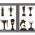 Collection of Various Golden Silver Trophies and Medals on Display Shelf