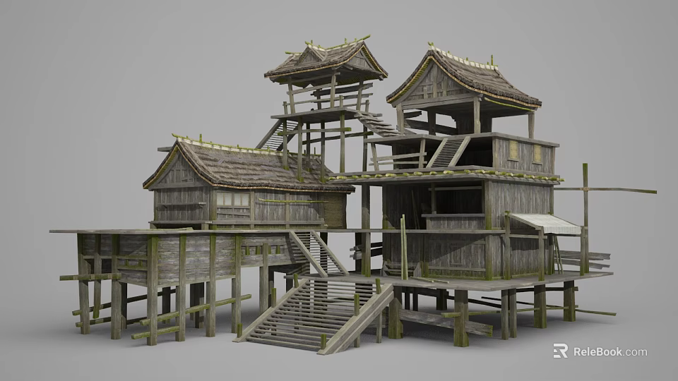 Traditional Ancient Architecture With Wooden Structure Elevated Platforms Staircases And Traditional Roofs 3d model 