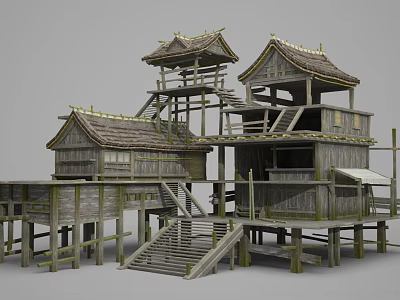 Traditional Ancient Architecture With Wooden Structure Elevated Platforms Staircases And Traditional Roofs 3d model