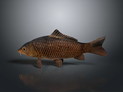 Realistic Brown Carp With Detailed Scales And Reflection On Gray Background 3d model