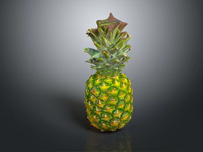Fresh Ripe Pineapple With Vibrant Green Leaves And Yellow Textured Skin On Dark Background 3d model