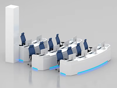 Modern Monitoring Room With Curved Console Multiple Monitors And Blue Chairs 3d model