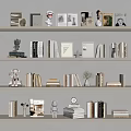 Modern Minimalist Books And Magazines On Gray Shelves With Decorative Figurines Vase And Clock