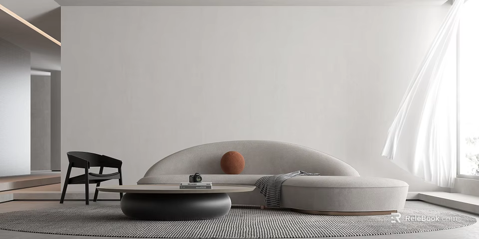 Modern Light Gray Curved Sofa With Round Coffee Table Set And Minimalist Decor Elements 3d model 