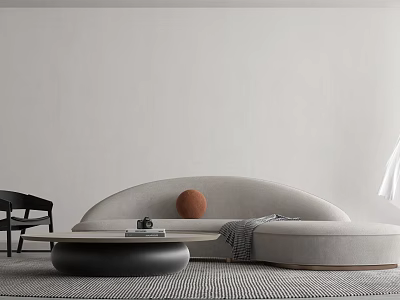 Modern Light Gray Curved Sofa With Round Coffee Table Set And Minimalist Decor Elements 3d model