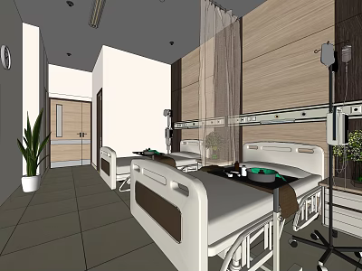 Modern Hospital Room Interior With Two Beds Nightstands IV Stands Plants And Wooden Walls 3d model