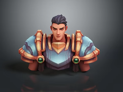Man In Blue And Gold Armored Bust With Shoulder Decorations And Green Gemstones 3d model