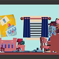 Cartoon Room Interior Featuring Pink Bed Desk Blue Rug Window Curtains Wall Posters And Toys