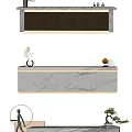 Modern Reception Desk Featuring White Marble Top And Gold Metal Trim With Decorative Plants