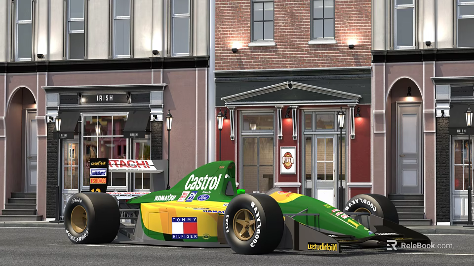 Green and Yellow Castrol Race Car Parked on Street with Brick Buildings and Shops 3d model 
