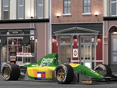 Green and Yellow Castrol Race Car Parked on Street with Brick Buildings and Shops 3d model