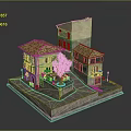 Modern Scene 3D Model of Small Buildings with Red Tile Roofs Yellow Walls Courtyard Tree and Tables Chairs