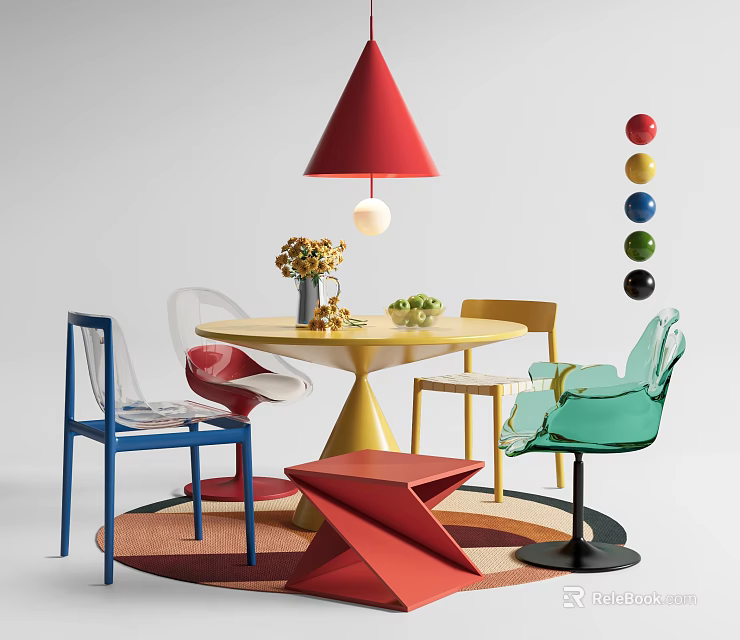 Vibrant Dining Table Set With Yellow Tabletop Colorful Chairs Red Lamp And Ball Decorations 3d model 