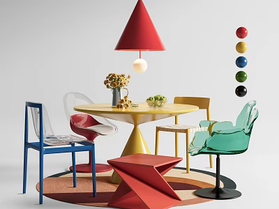 Vibrant Dining Table Set With Yellow Tabletop Colorful Chairs Red Lamp And Ball Decorations 3d model