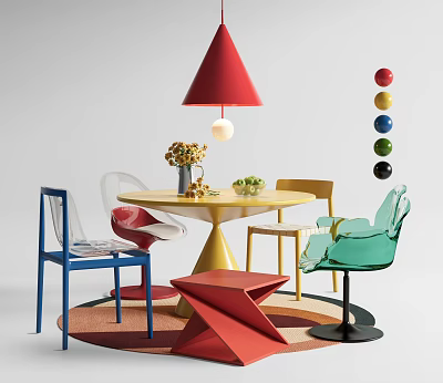 Vibrant Dining Table Set With Yellow Tabletop Colorful Chairs Red Lamp And Ball Decorations 3d model