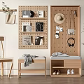 Natural Wooden Bench With Storage Space And Pegboard Wall Decor Items Near Potted Plant