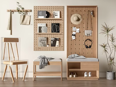 Natural Wooden Bench With Storage Space And Pegboard Wall Decor Items Near Potted Plant 3d model