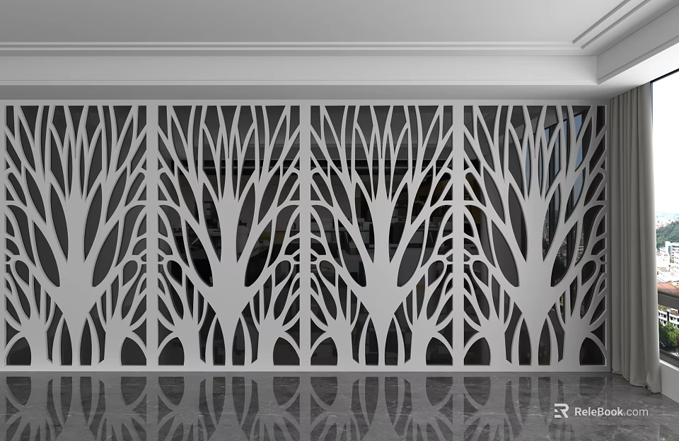 Modern White Background Wall With Tree Pattern Cutout Design And Floor Reflection 3d model