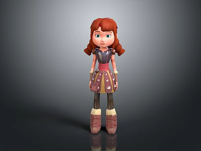 Cartoon Style 3D Character With Red Curly Hair Purple Pink Dress Brown Top And Boots 3d model