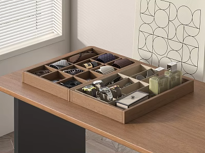Elegant Wooden Drawer Jewelry Organizer With Multiple Storage Compartments On Tabletop 3d model