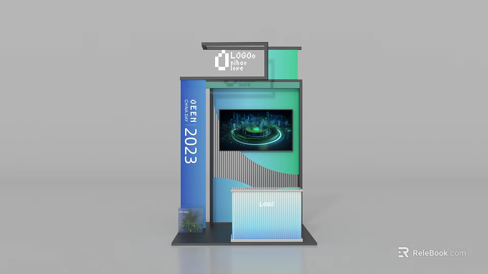 Event 2023 Exhibition Wall Featuring LOGO Digital Screen Circular Display Booth And Plant 3d model 