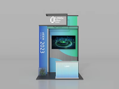 Event 2023 Exhibition Wall Featuring LOGO Digital Screen Circular Display Booth And Plant 3d model