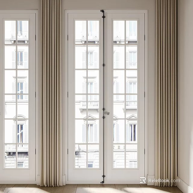 Double Doors Interior Design With Beige Curtains And Urban Building View 3d model 