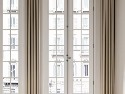 Double Doors Interior Design With Beige Curtains And Urban Building View 3d model
