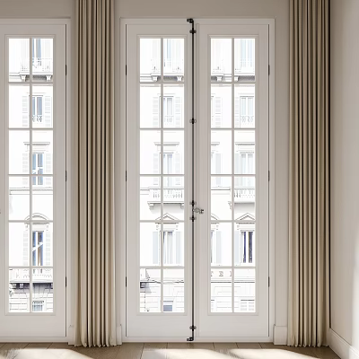 Double Doors Interior Design With Beige Curtains And Urban Building View 3d model