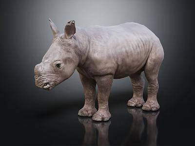 Baby Gray Rhinoceros Model Standing On Dark Background With Reflection 3d model