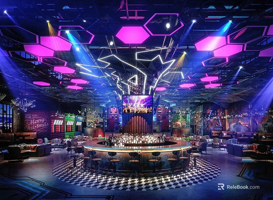 Modern Bar Interior With Neon Lights Hexagonal Ceiling Central Bar Counter And Checkerboard Floor 3d model 