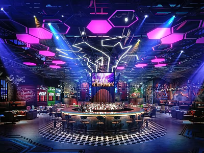 Modern Bar Interior With Neon Lights Hexagonal Ceiling Central Bar Counter And Checkerboard Floor 3d model