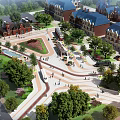 People Walking In Public Square With Trees Brick Clock Tower And Benches