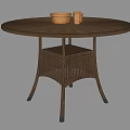 Round Woven Rattan Dining Table With Wooden Frame And Lower Shelf