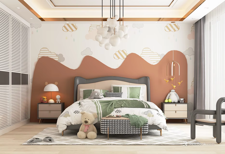 Kids Bedroom Interior Design With Cloud Mountain Wall Decor Green White Bedding And Teddy Bear 3d model 