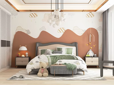Kids Bedroom Interior Design With Cloud Mountain Wall Decor Green White Bedding And Teddy Bear 3d model