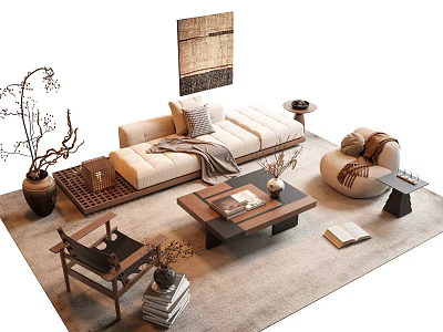 Modern Sofa And Coffee Table Set With Beige Fabric Wooden Table Decorative Painting And Plants 3d model