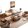 Modern Sofa And Coffee Table Set With Beige Fabric Wooden Table Decorative Painting And Plants
