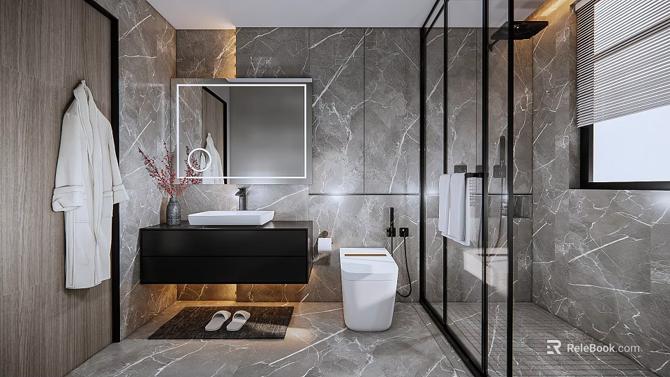 Modern Bathroom Interior with Marble Walls Wall Mounted Sink Toilet And Glass Shower Enclosure 3d model 