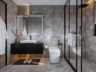 Modern Bathroom Interior with Marble Walls Wall Mounted Sink Toilet And Glass Shower Enclosure 3d model