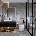 Modern Bathroom Interior with Marble Walls Wall Mounted Sink Toilet And Glass Shower Enclosure