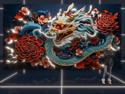 Chinese Dragon Peony Flowers Neon Art Display With Figure 3d model