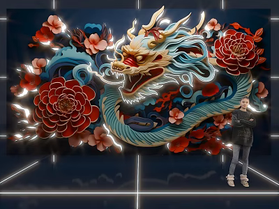 Chinese Dragon Peony Flowers Neon Art Display With Figure 3d model Chinese Dragon Peony Flowers Neon Art Display With Figure 3d model