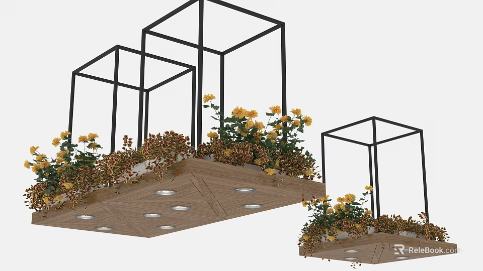 Wooden Ceiling Design With Square Metal Frames Yellow Flowers And Round Light Holes 3d model 
