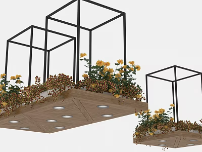 Wooden Ceiling Design With Square Metal Frames Yellow Flowers And Round Light Holes 3d model
