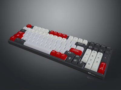 Mechanical Computer Keyboard With Red White Gray Keycaps And Ergonomic Design 3d model