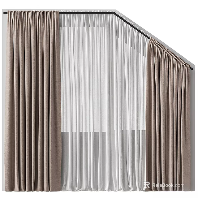 Stylish Brown Thick And White Sheer Curtains With Modern Rod For Window Decoration 3d model 