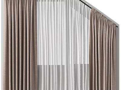 Stylish Brown Thick And White Sheer Curtains With Modern Rod For Window Decoration 3d model