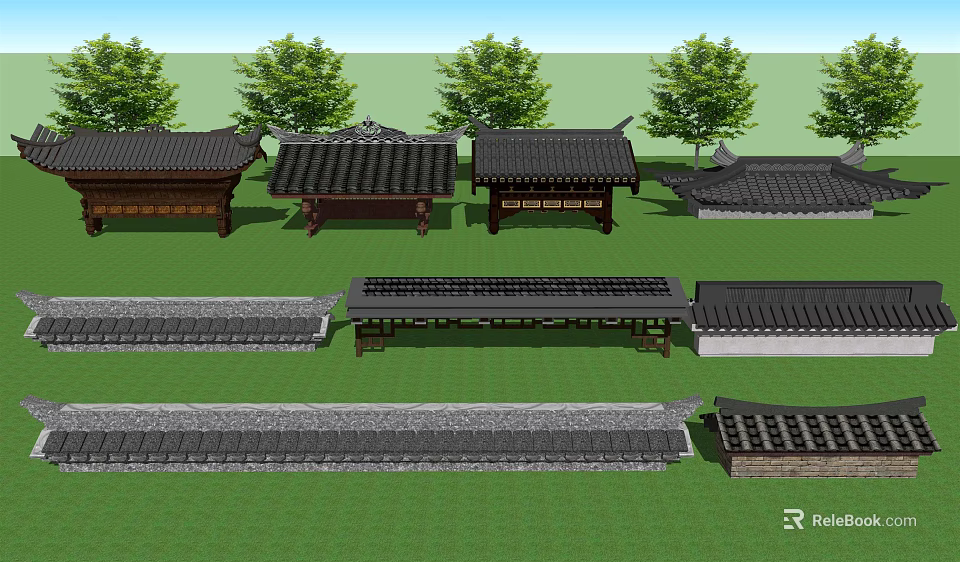Traditional Architectural Components Collection With Roofs And Pavilions On Lawn 3d model 